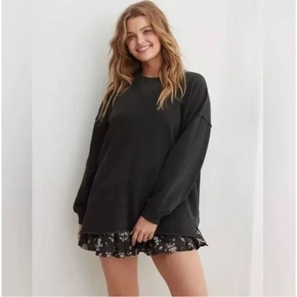Aerie Down-To-Earth Oversized Pullover Crewneck Sweatshirt In Black - Picture 1 of 11